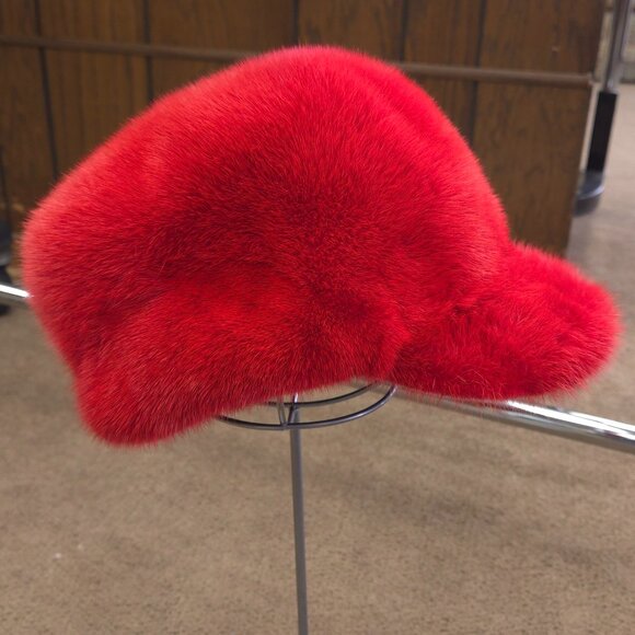 Red Fluffy Hat With Pompoms, Mink Fur Beanie Hat, Mink Hat  Red dyed Mink Fur Army Hat